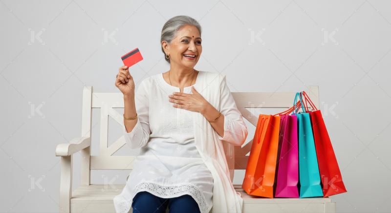Smiling senior woman proudly displays credit card and colorful shopping bags.