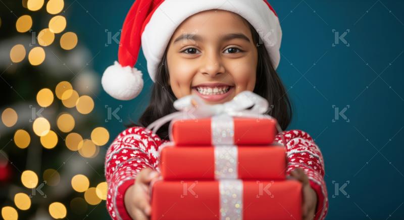 A happy child offers three beautifully wrapped red Christmas gifts.