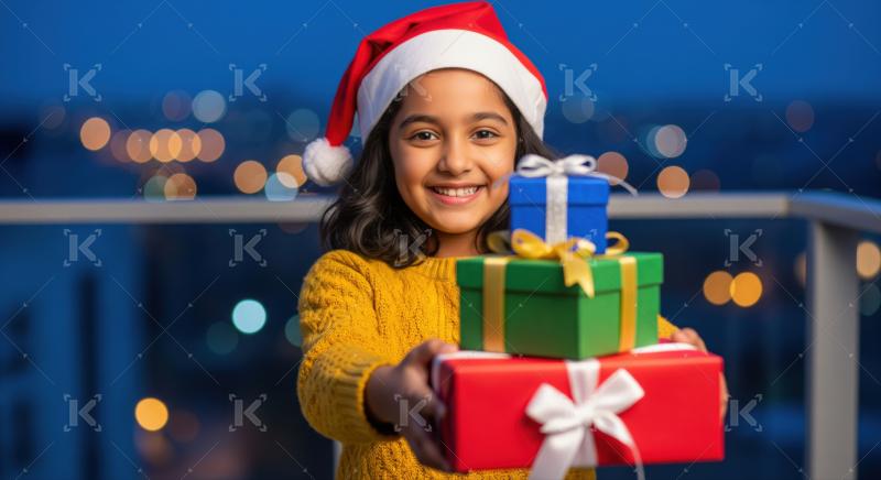 Young girl happily presents colorful Christmas gifts during festive season.