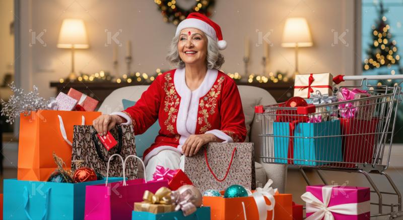 Happy senior woman celebrating holidays with many shopping gifts.