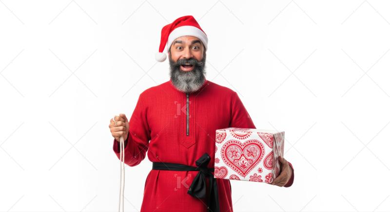 Joyful Santa Claus with presents on a white background.