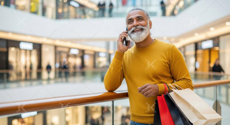 Joyful senior man enjoying shopping, conversing happily on smartphone.