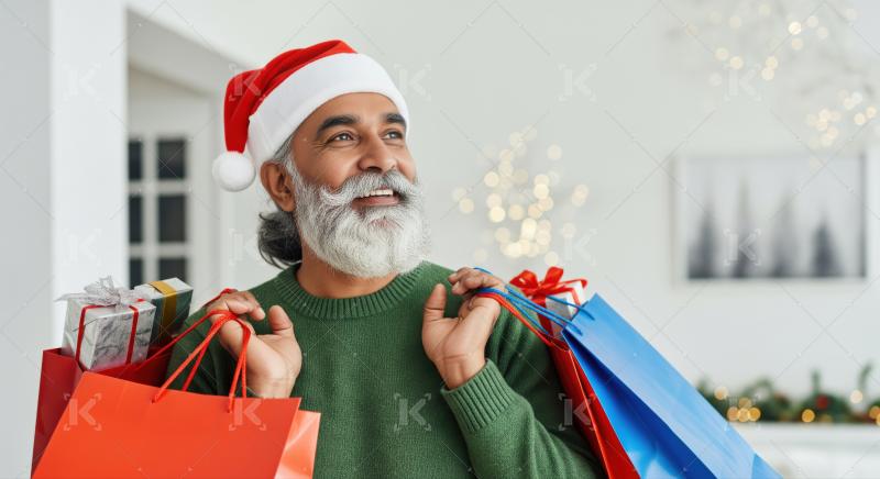 Happy senior man holding shopping bags, celebrating the holiday season.