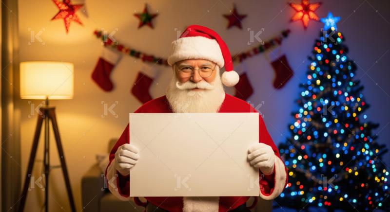 Happy Santa holds empty board, ready for holiday message.