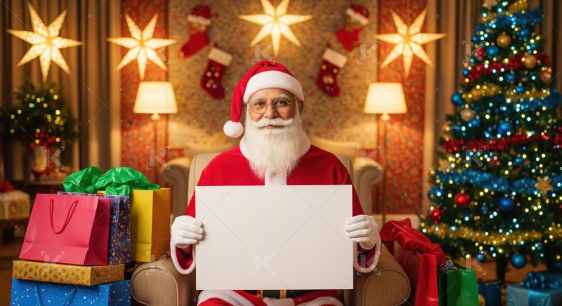Santa holds a blank sign surrounded by gifts, Christmas tree.