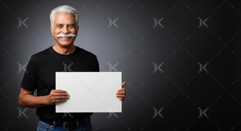 Happy senior man presents empty sign with room for message.