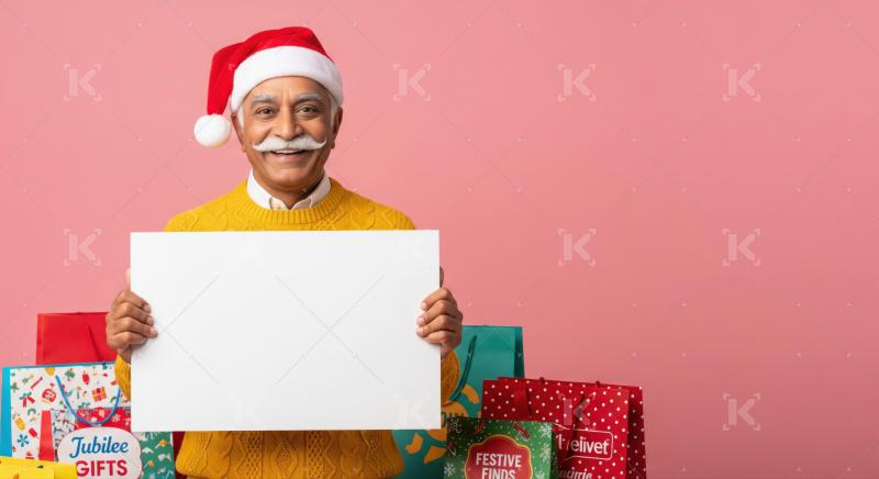 Cheerful senior man in Santa hat holds blank sign, surrounded by gifts.
