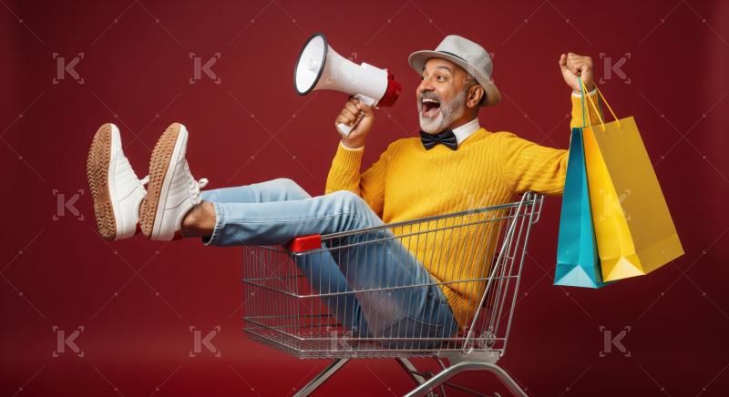 Happy man promotes sales event while sitting in shopping cart.