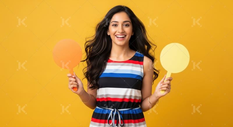 Happy woman presents options with two vibrant blank signs.
