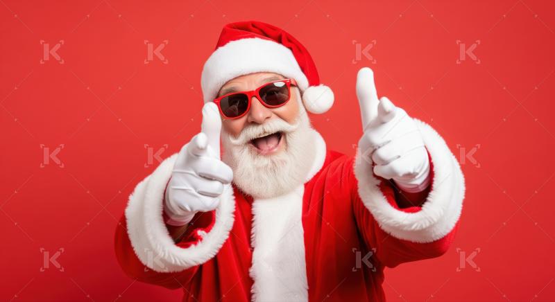 Happy Santa in red sunglasses points both hands at camera.