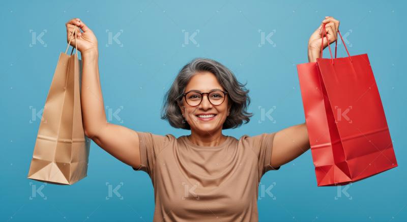 A cheerful woman proudly displays her purchases from a successful shopping trip.