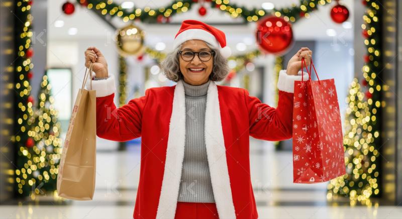 Joyful senior woman in Santa suit enjoying festive Christmas shopping.