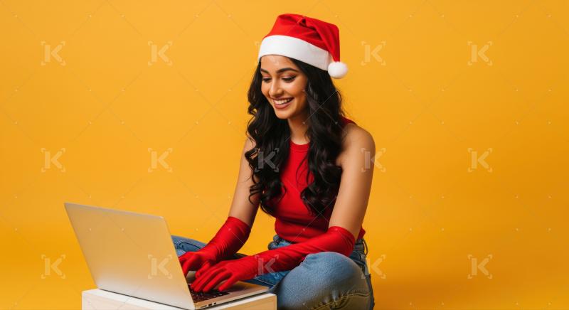 Happy woman in Santa hat enjoying online Christmas shopping.