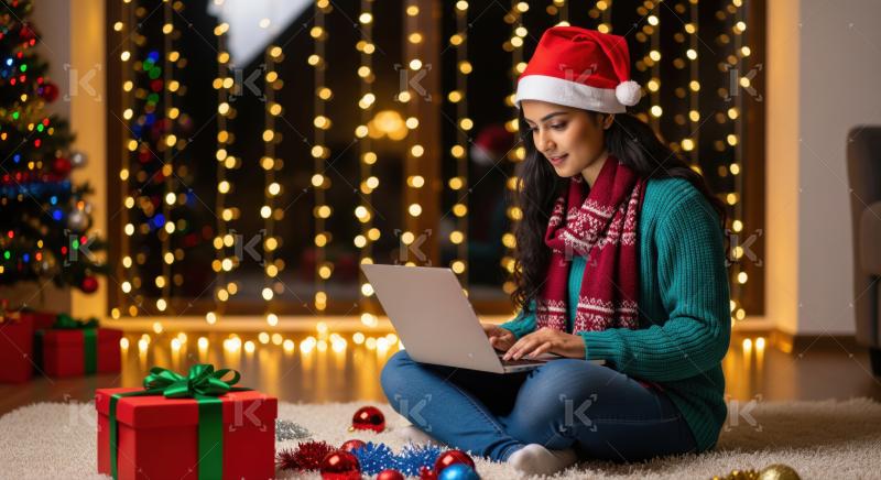 Smiling woman uses laptop in cozy Christmas setting.