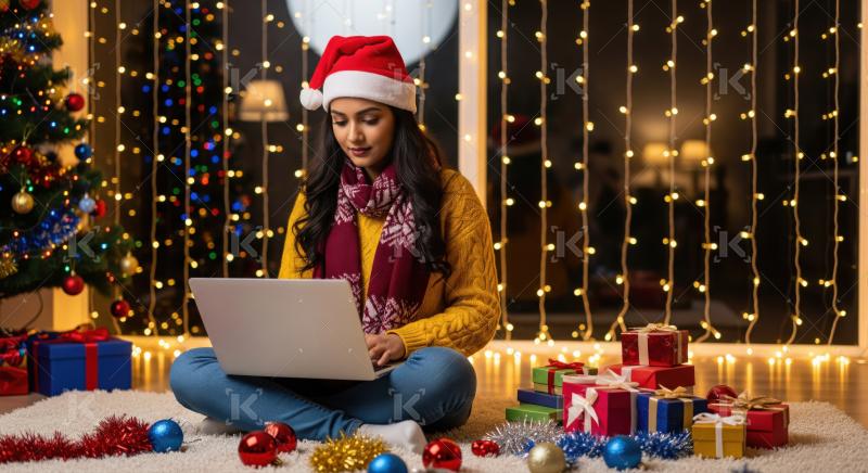 Joyful woman enjoying digital connectivity amidst holiday cheer and gifts.