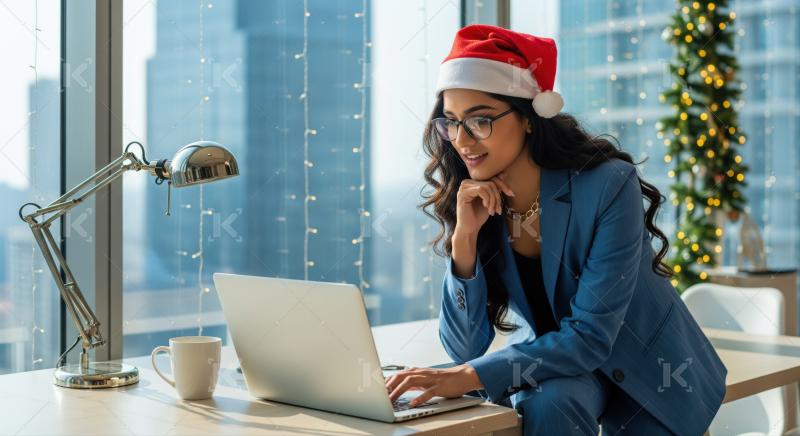 Smiling woman wearing Santa hat works diligently on laptop.