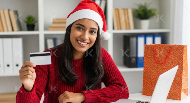 Smiling woman holds credit card for festive Christmas online shopping.