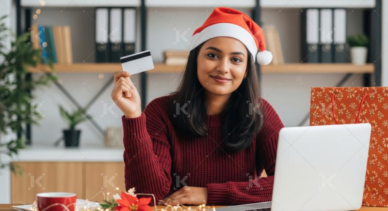 Joyful woman shopping online for Christmas gifts with credit card.