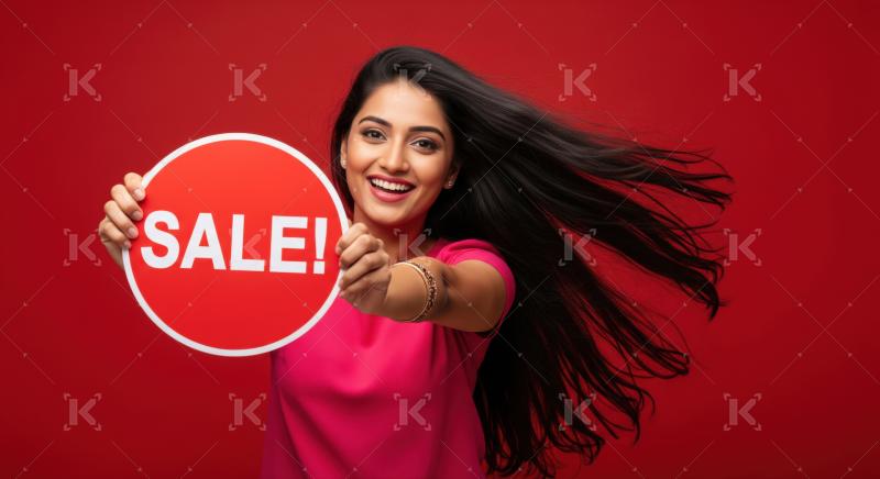 Happy young Indian woman holds "SALE!" sign excitedly on red.
