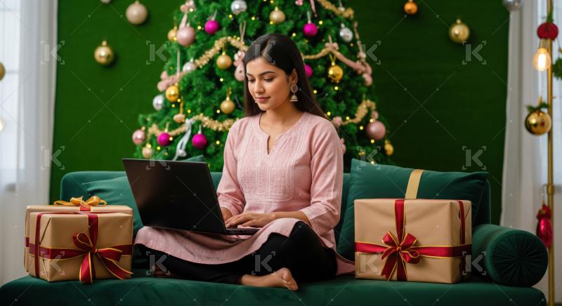 Beautiful woman enjoying online shopping, surrounded by festive Christmas decor.