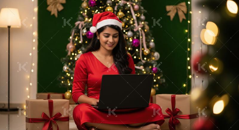 Smiling woman in Santa hat shops online during Christmas season.