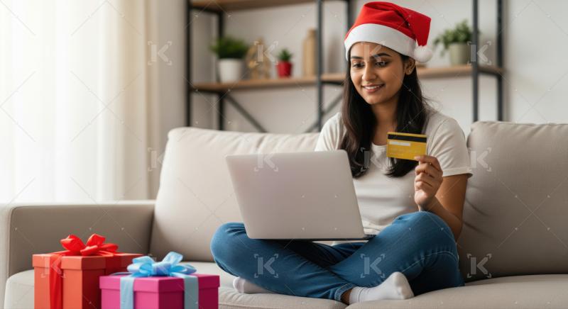 Smiling woman using laptop and credit card for holiday shopping.