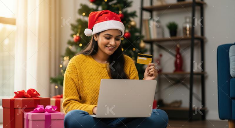 Smiling woman buying gifts online with her laptop and card.