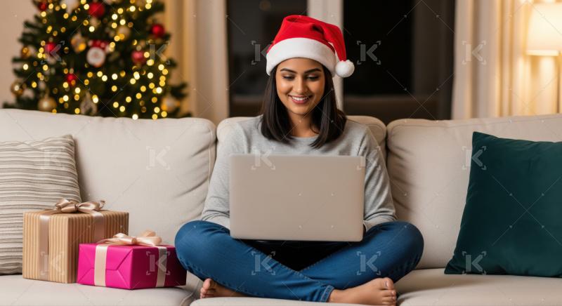 Cheerful woman in Santa hat browsing laptop during Christmas holidays.