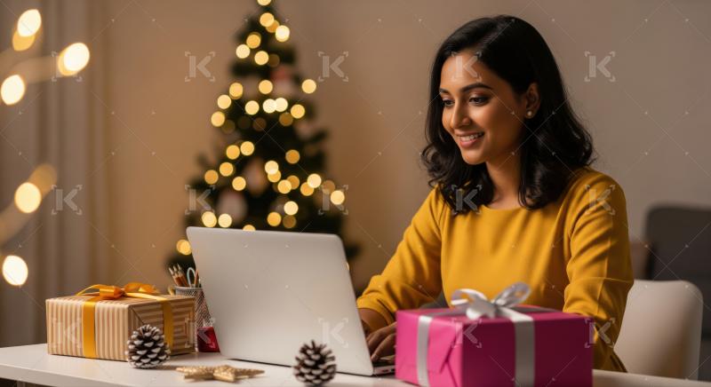 Joyful woman busy with her laptop during Christmas festivities.