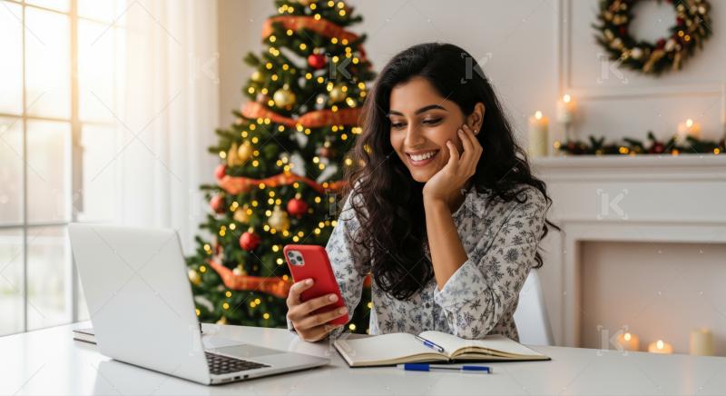 Happy woman uses smartphone in cozy, festive Christmas setting.