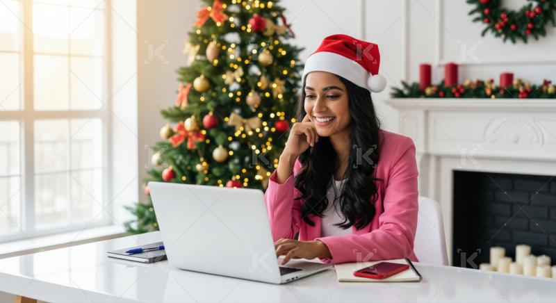 Cheerful woman uses laptop in a festive Christmas home office.
