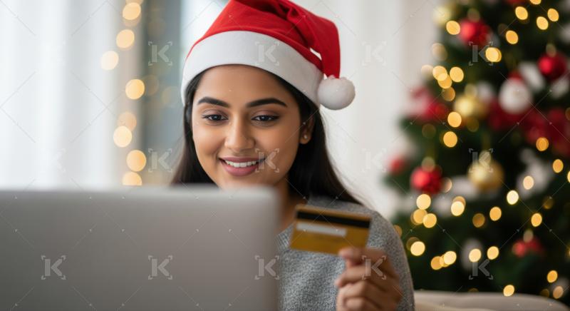 Young woman happily shops online with credit card for Christmas.