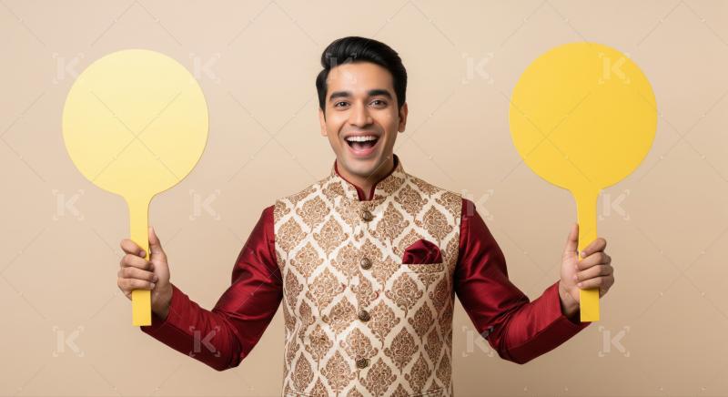 Young Indian man happily holding two blank yellow signs.