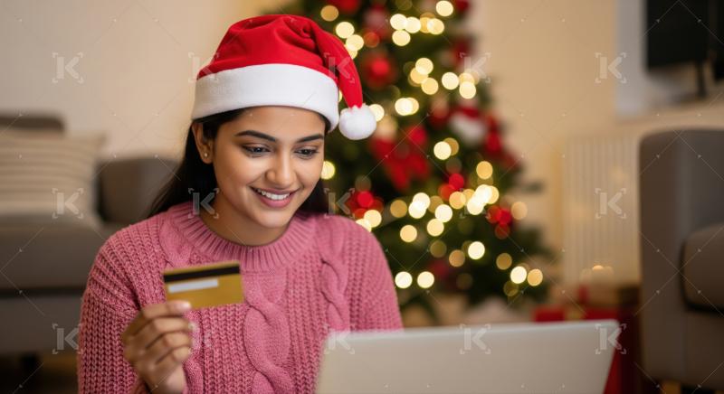 Smiling woman shopping with credit card during festive Christmas season.
