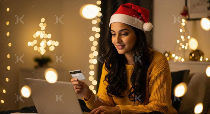 Young woman enjoys festive online shopping during holiday season.