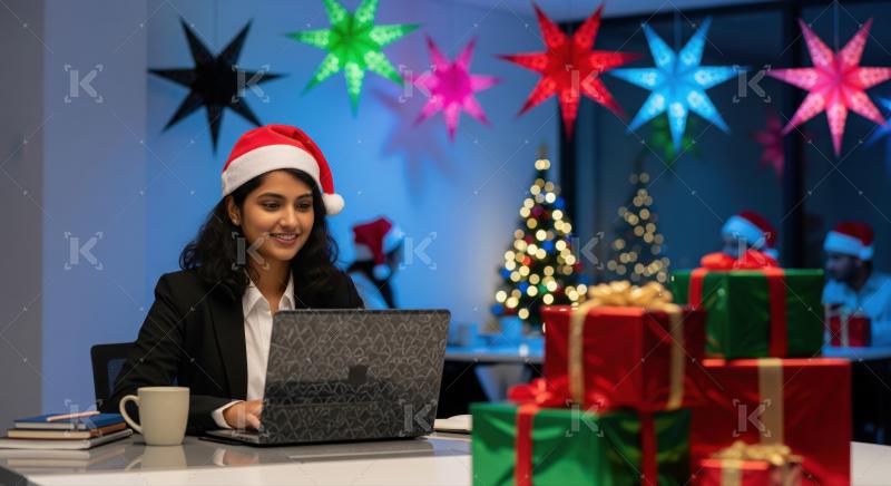 Happy young woman working in a cheerful, decorated Christmas office.