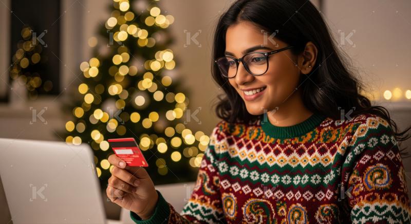 Smiling woman enjoys online holiday shopping using credit card.