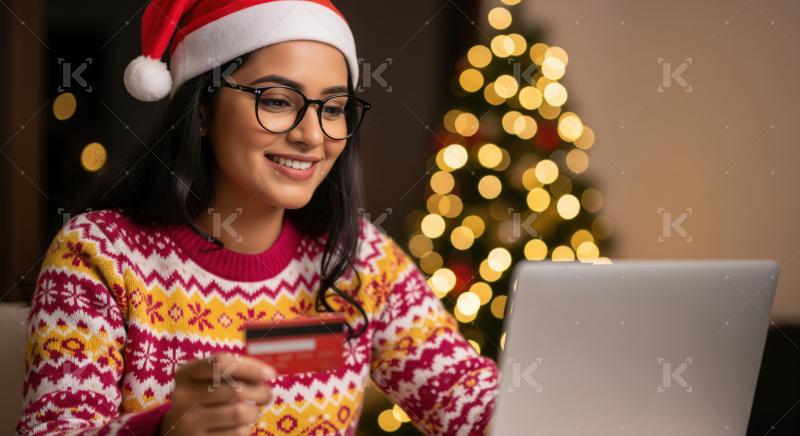 Cheerful woman making online holiday purchases using her laptop and credit card.