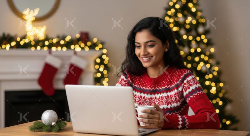 Smiling woman connects online, enjoying festive Christmas cheer at home.