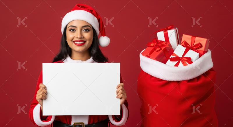 Cheerful Santa woman holding blank sign with a gift sack.