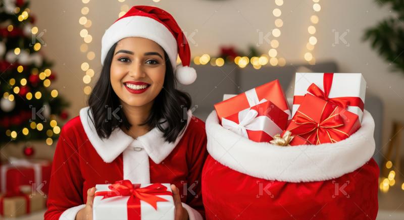 Joyful woman celebrates holidays, holding present next to a large gift sack.