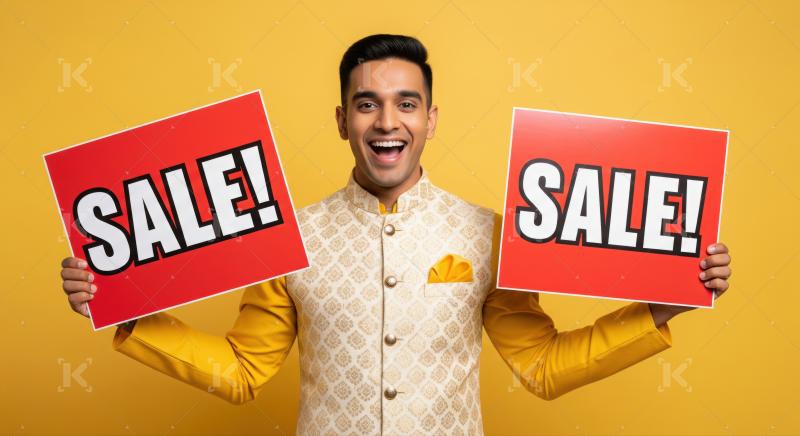 Excited Indian man announces a big sale with joy.