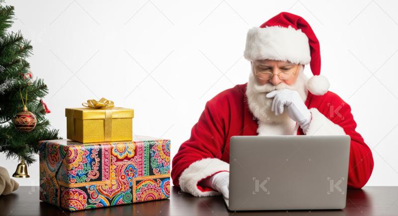Thoughtful Santa Claus engaged with modern technology and gifts.