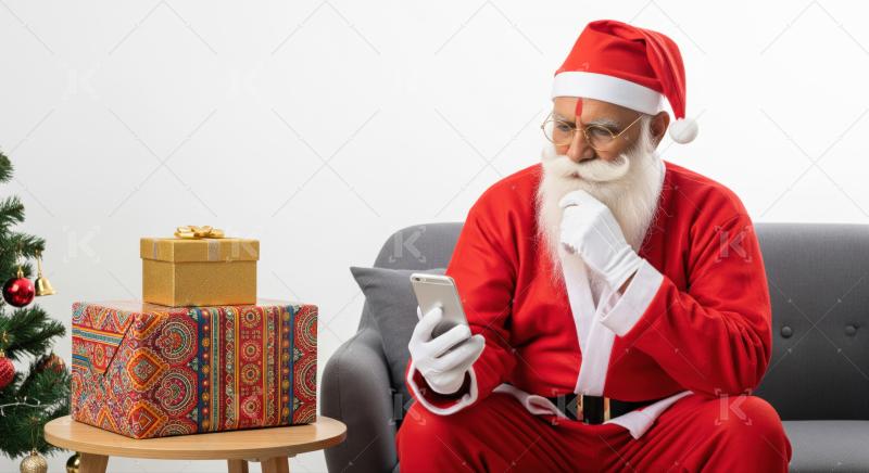 Modern Santa Claus uses phone, surrounded by Christmas cheer.