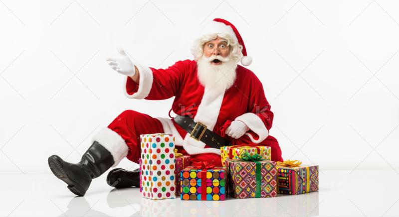 Santa Claus, surprised, sits surrounded by many vibrant Christmas gifts.