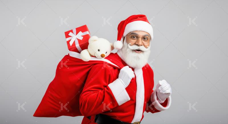Jolly Santa Claus carrying presents and a teddy bear.