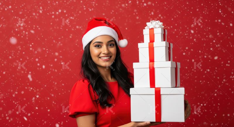 Smiling woman celebrating holidays, holding many stacked white gift boxes.