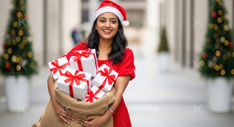 Smiling woman joyfully delivering numerous holiday gifts in an urban setting.