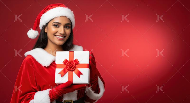 Joyful woman in Santa costume holding a festive holiday present.