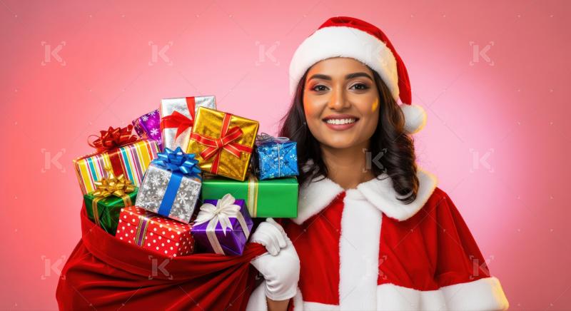 Happy Indian woman dressed as Santa Claus carrying many festive gifts.